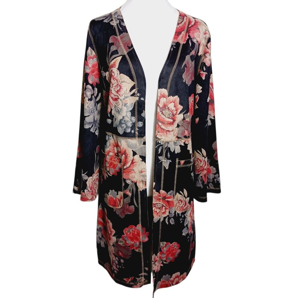 Solitaire, Anthropologie, Faux Suede Open Long Jacket, Gray/Brown w/ Floral, MED